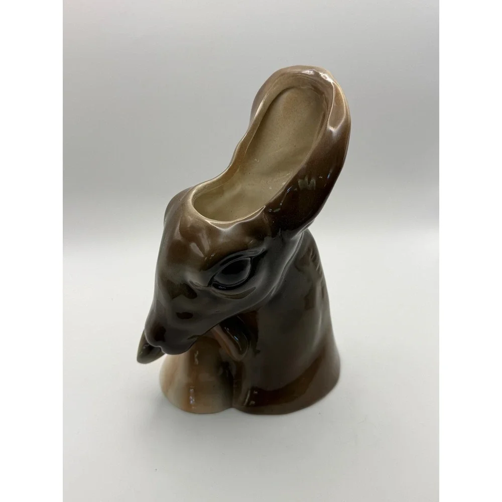Vintage Style Ceramic Deer‎ and Foe Head Vase Planter Brown Glazed 4Y892 New